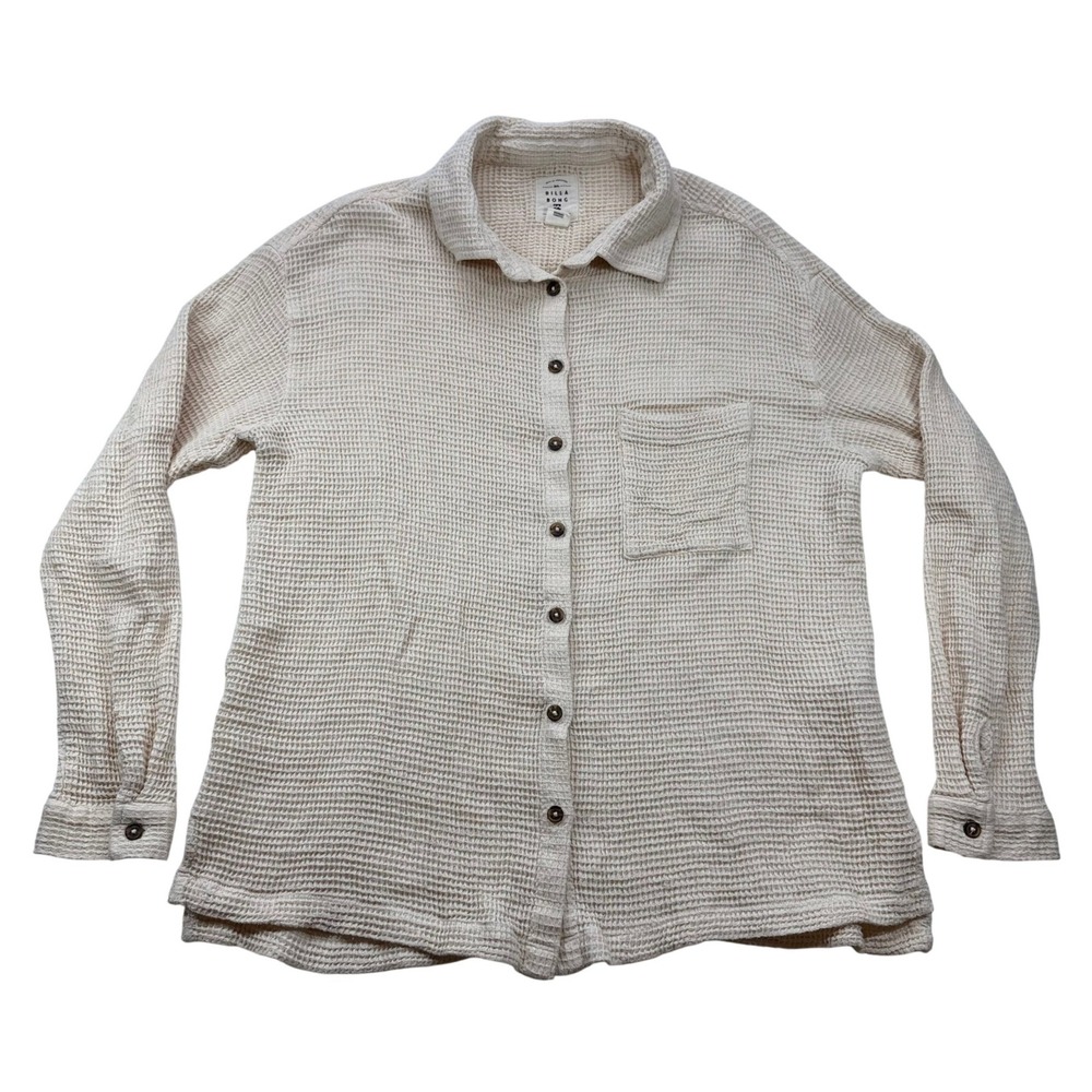 Billabong Womens Cream Waffle Knit Button Down Long‎ Sleeve Shirt Pocket Top XS